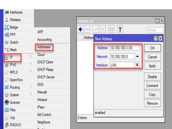 Konfigurasi alamat IP, DNS, dan Server DHCP untuk LAN