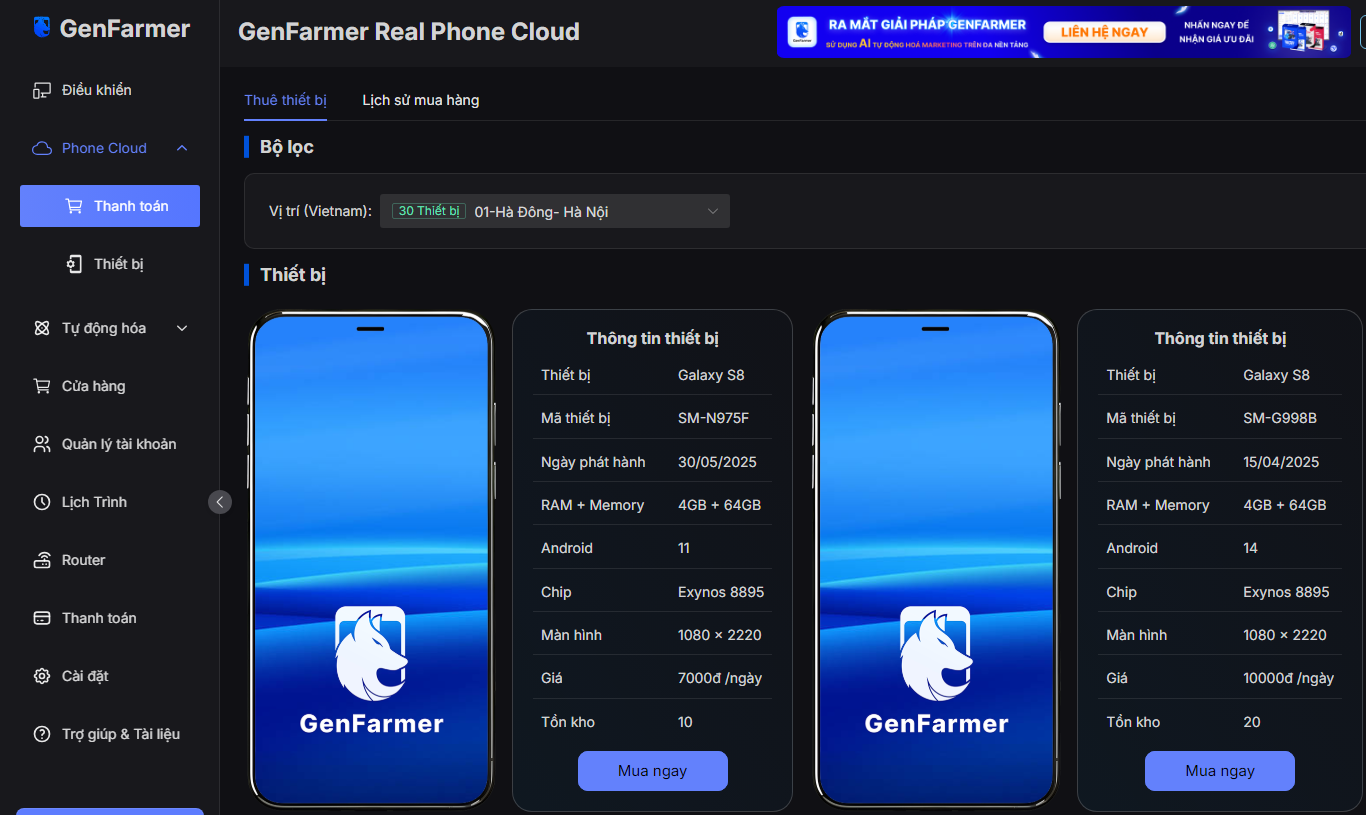 Cloud Phone là gì? Giải mã A-Z về điện thoại ảo cho người mới làm MMO 7 Thuê Cloudphone dễ dàng trên app GenFarmer