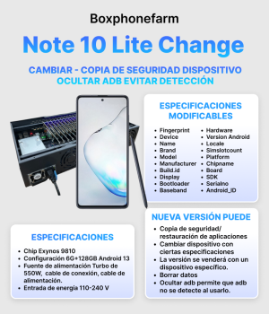 Box Phone Farm Note 10 Lite Change | Puertos USB + LAN/OTG | Placa Negra