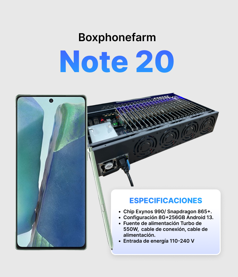 Box Phone Farm Note 20 8/256GB | Puertos USB + LAN/OTG | Placa Negra 1 Box Phone Farm Note 20 8/256GB | Puertos USB + LAN/OTG | Placa Negra
