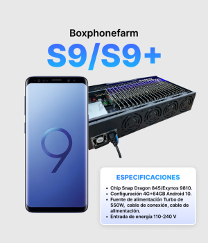 Box Phone Farm S9/S9+ | Última Generación 2026 | Puertos USB + LAN/OTG (Placa Negra)