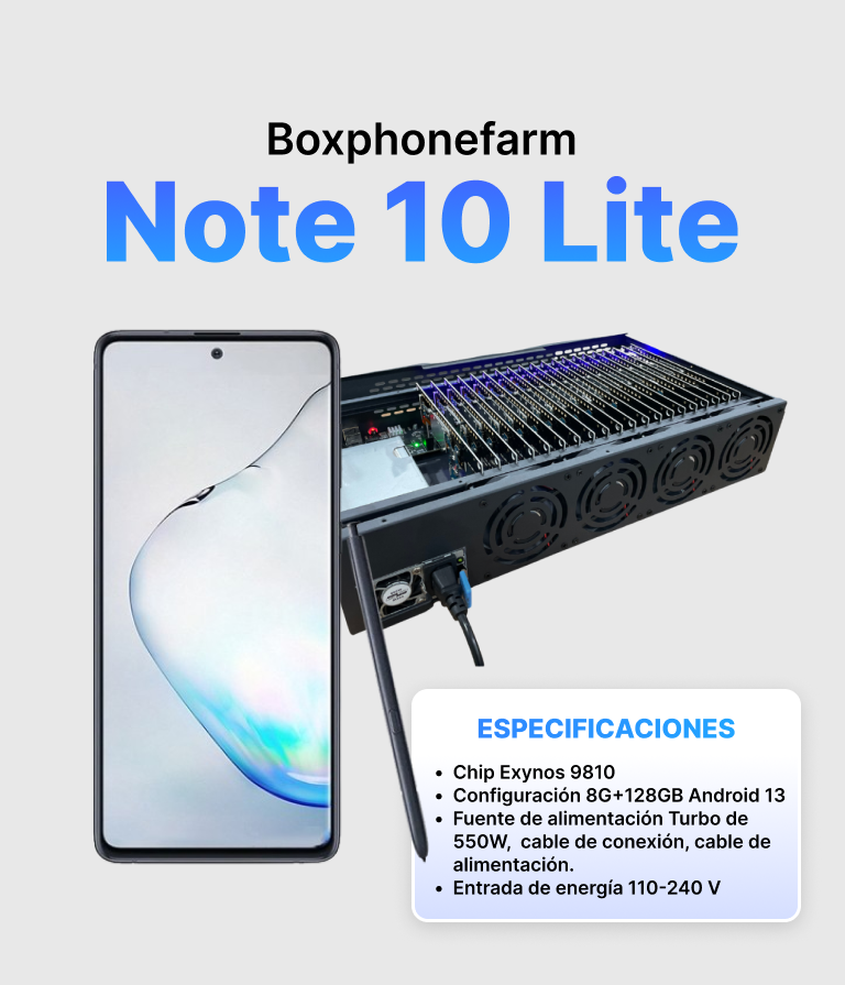 Box Phone Farm Note 10 Lite | Última Generación 2026 | Puertos USB + LAN/OTG (Placa Negra) 1 Box Phone Farm Note 10 Lite | Última Generación 2026 | Puertos USB + LAN/OTG (Placa Negra)